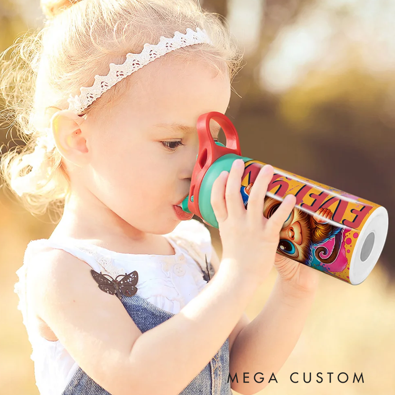 Personalized Cute Watercolor Animal 12 oz Kid Insulated Name Water Bottle with Handle and Silicone Straw Birthday Back to School Gift