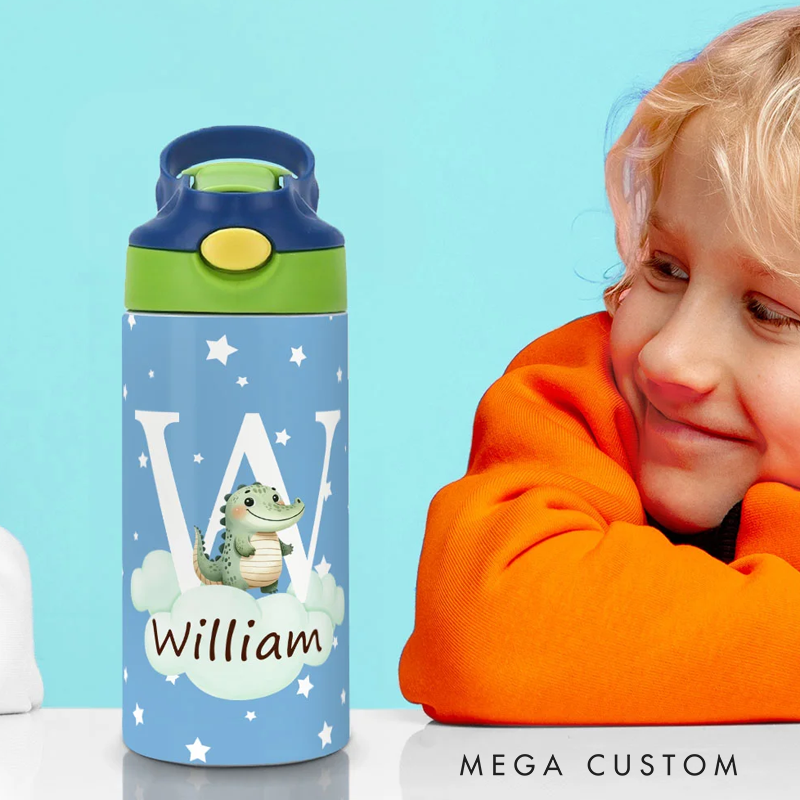 Personalized Initial Cute Forest Animal 12oz Kid Insulated Name Water Bottle with Handle and Silicone Straw Birthday Back To School Gift 