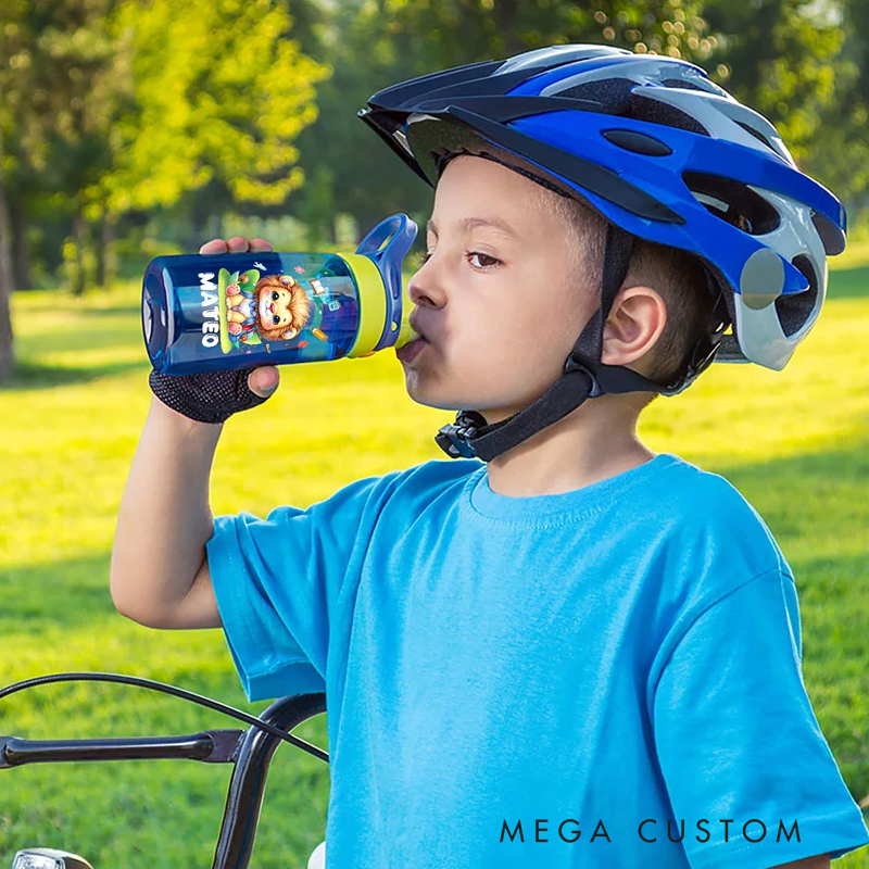 Personalized Cartoon Bear Lion Animals Name 16 oz Water Bottle with Straw and Handle Outdoor Supplies Back to School Birthday Gift for Boys Girls