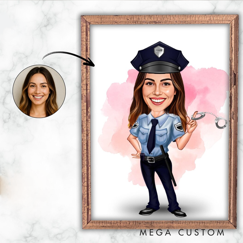 Personalized Police Officer Cartoon Portrait From Photo Custom Law Enforcement Caricature Wall Art