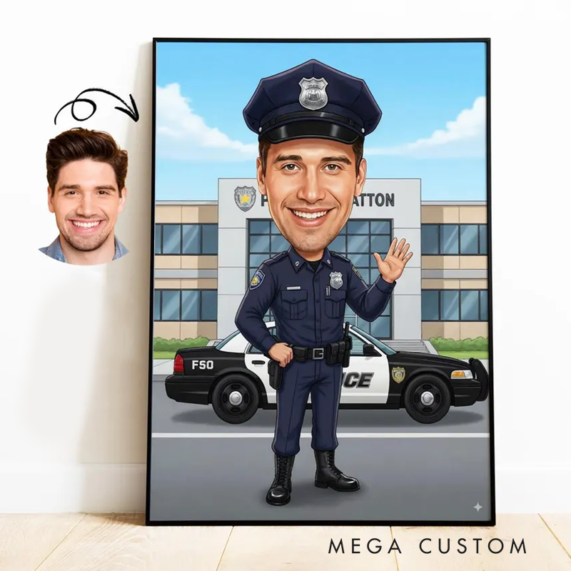 Personalized Police Officer Cartoon Portrait From Photo Custom Law Enforcement Caricature Wall Art Gift