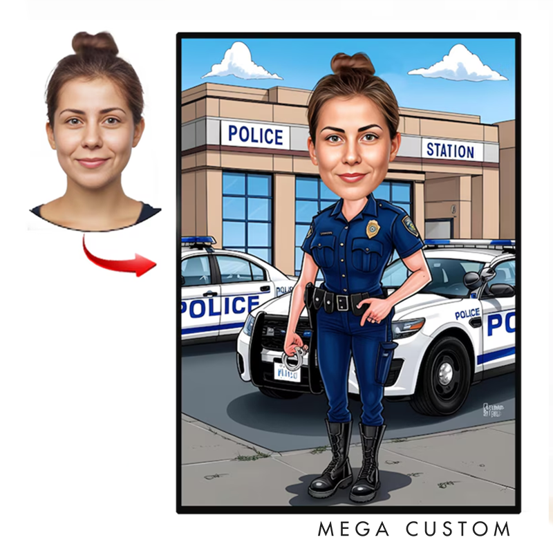 Personalized Female Police Officer Cartoon Portrait From Photo Custom Law Enforcement Caricature Wall Art Gift