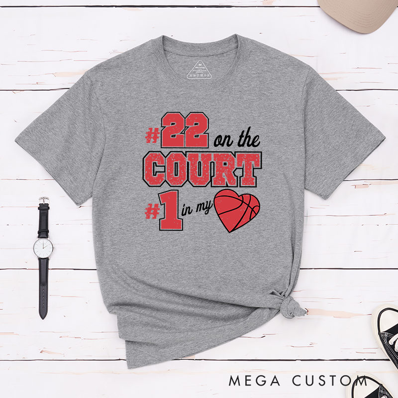 Personalized Basketball Fan T Shirt with Custom Jersey Number and Heartfelt On the Court In My Heart Design