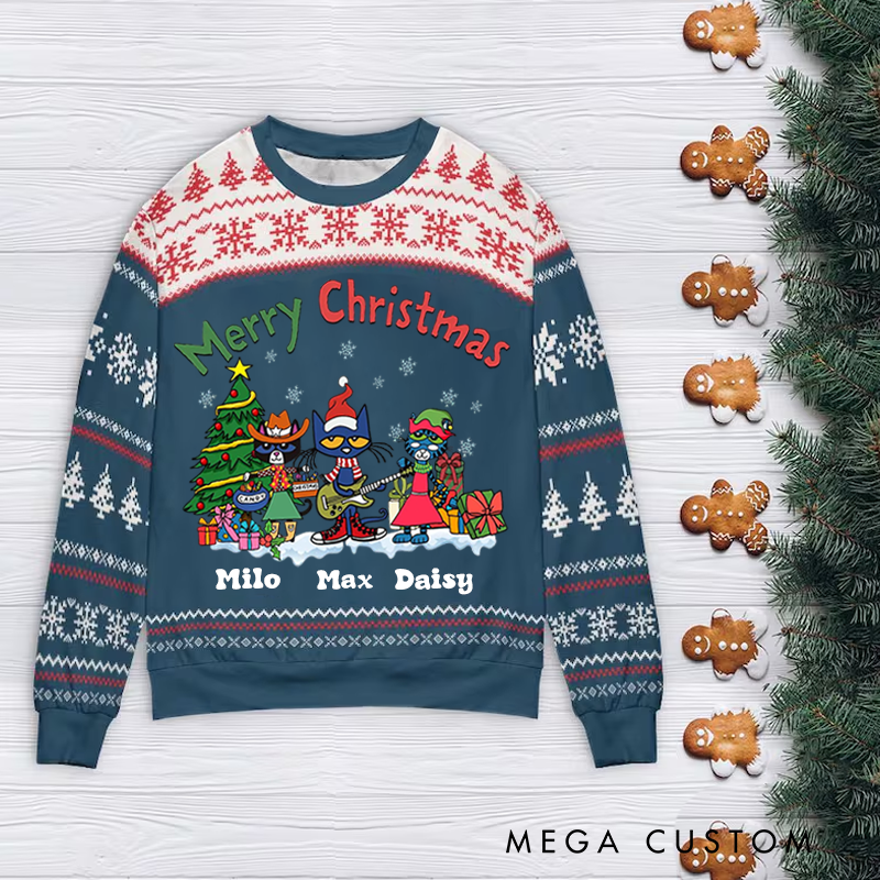 Personalized Ugly Sweater Merry christmas Cat Music Christmas Sweater Song Fan Family Sweater