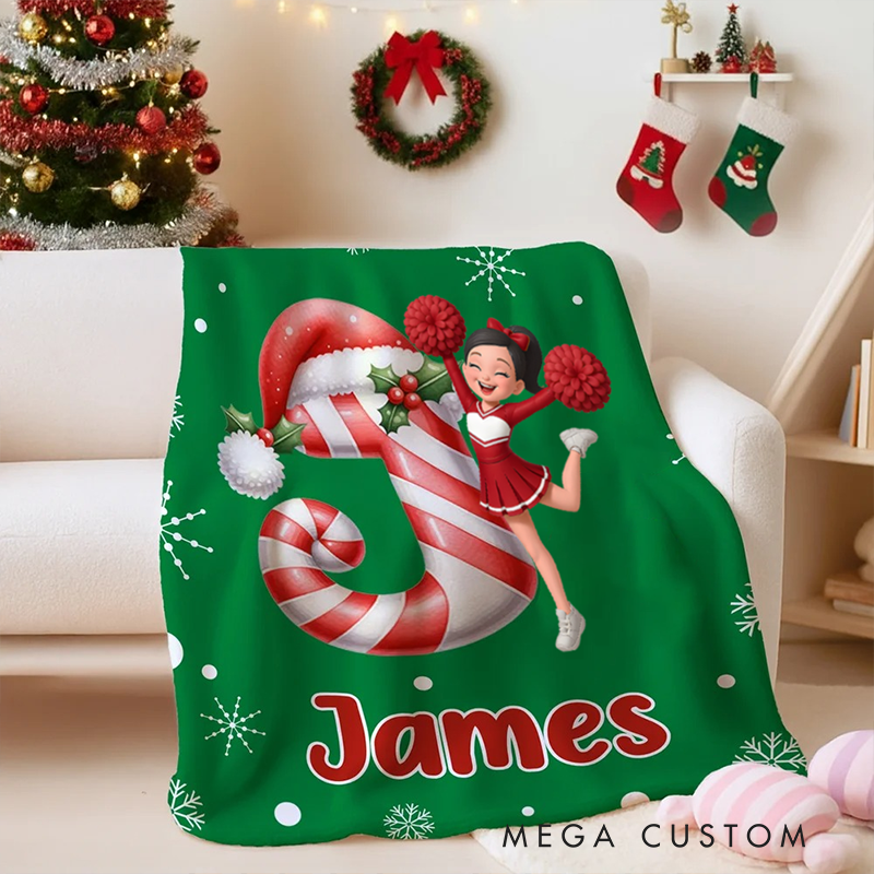 Personalized Cheerleader Christmas Blanket with Custom Name and Initial Design
