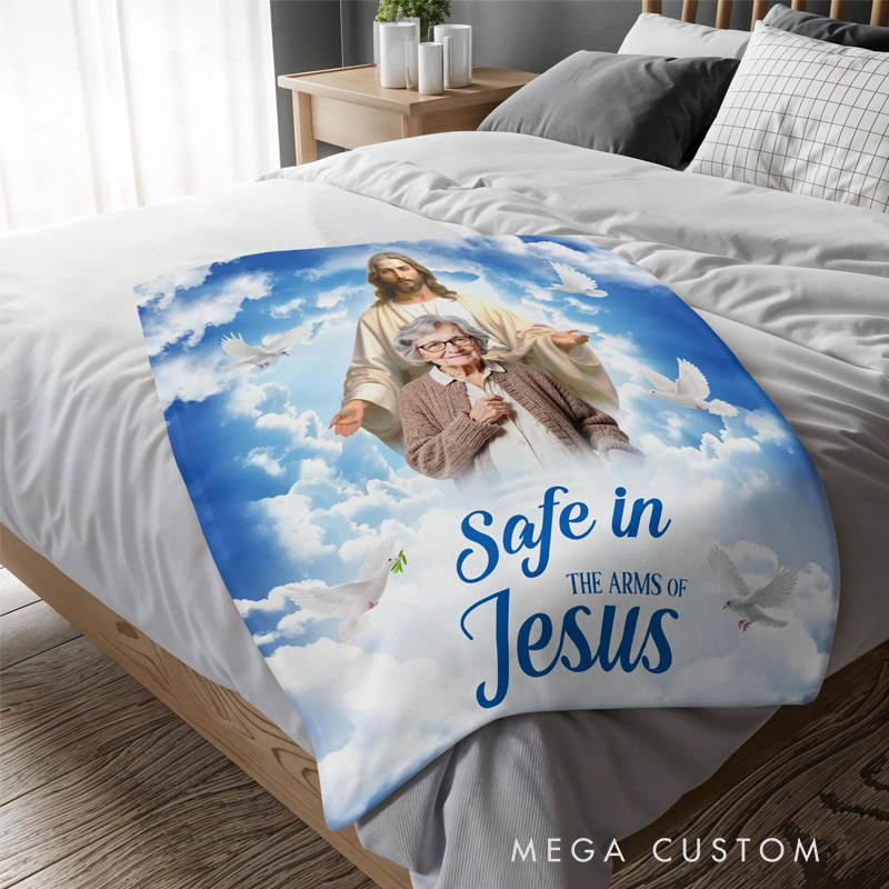 Personalized Photo Memorial Blanket Safe in the Arms of Jesus Flannel Blanket Sympathy Gift for Loss of Loved One