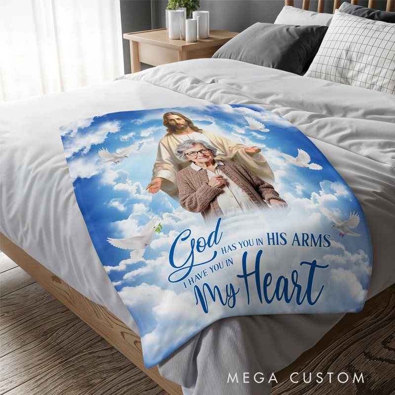 Personalized Photo Memorial Blanket God Has You in His Arms I Have You in My Heart Blanket Sympathy Gift for Family and Religious Individuals