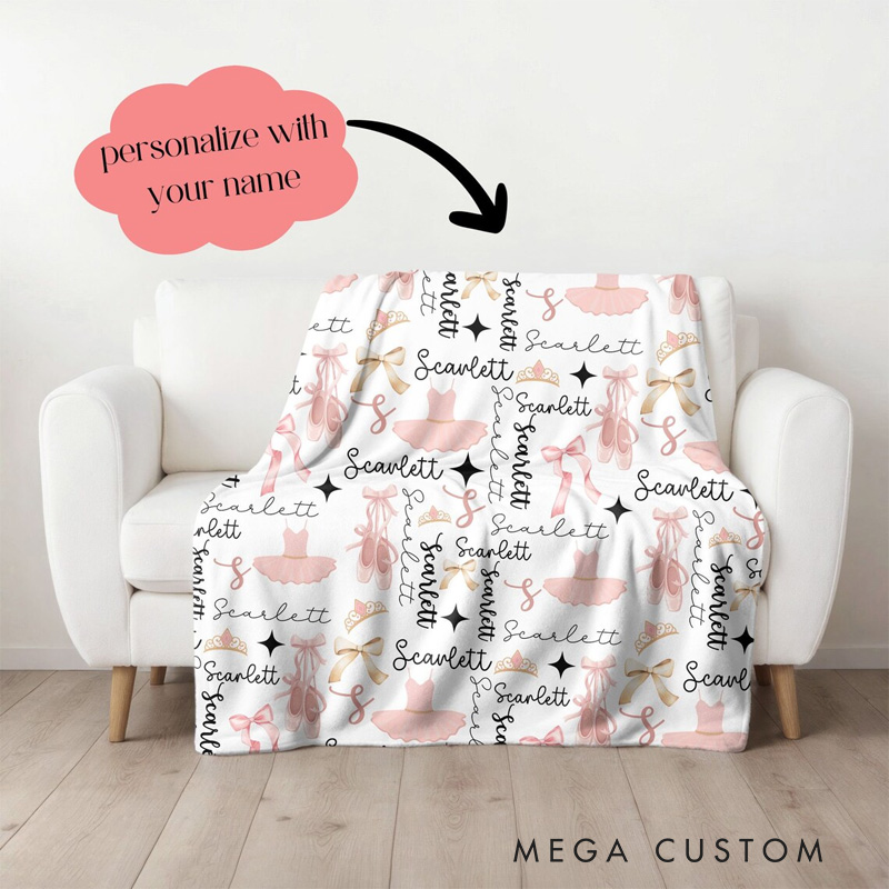 Personalized Ballet-Themed Blanket Ballerina Shoes and Tutus Design Blanket Flannel Blanket Ballet Lover Blanket with Name for Dance Lovers Dancer