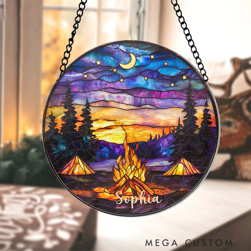 Personalize Campfire Night Stained Glass Suncatcher Gift for Camping Outdoor Adventure and Nature Lover