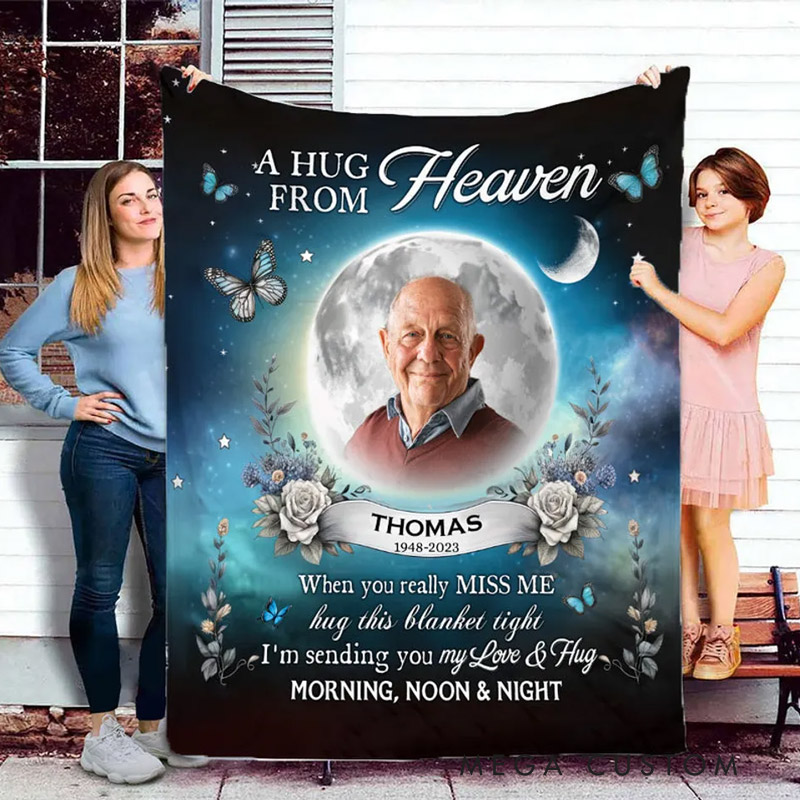 Personalized A Hug From Heaven Photo Memorial Blanket Custom Photo Flannel Blanket Sympathy Gift for Loss of Loved One