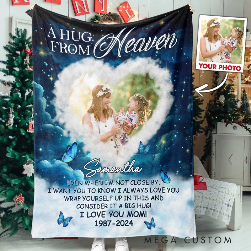 Personalized A Hug From Heaven Photo Memorial Blanket Custom Photo Flannel Blanket Sympathy Gift for Family Members