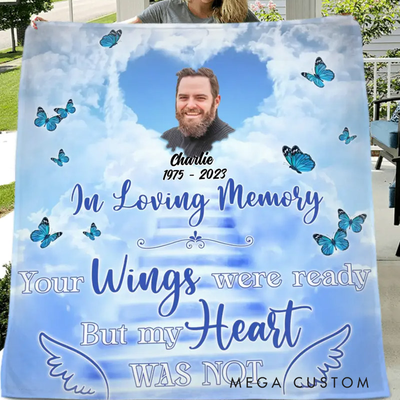 Personalized Your Wings Were Ready But My Heart Was Not Photo Blanket Custom Photo Memorial Throw Blanket Sympathy Gift for Loss of Loved One