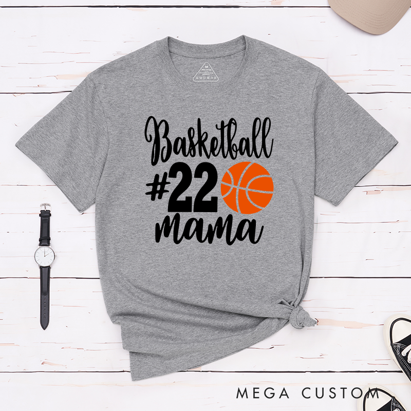 Personalized Basketball Mama T-Shirt with Custom Jersey Number Bold Basketball Graphic and Stylish Script Design for Proud Moms