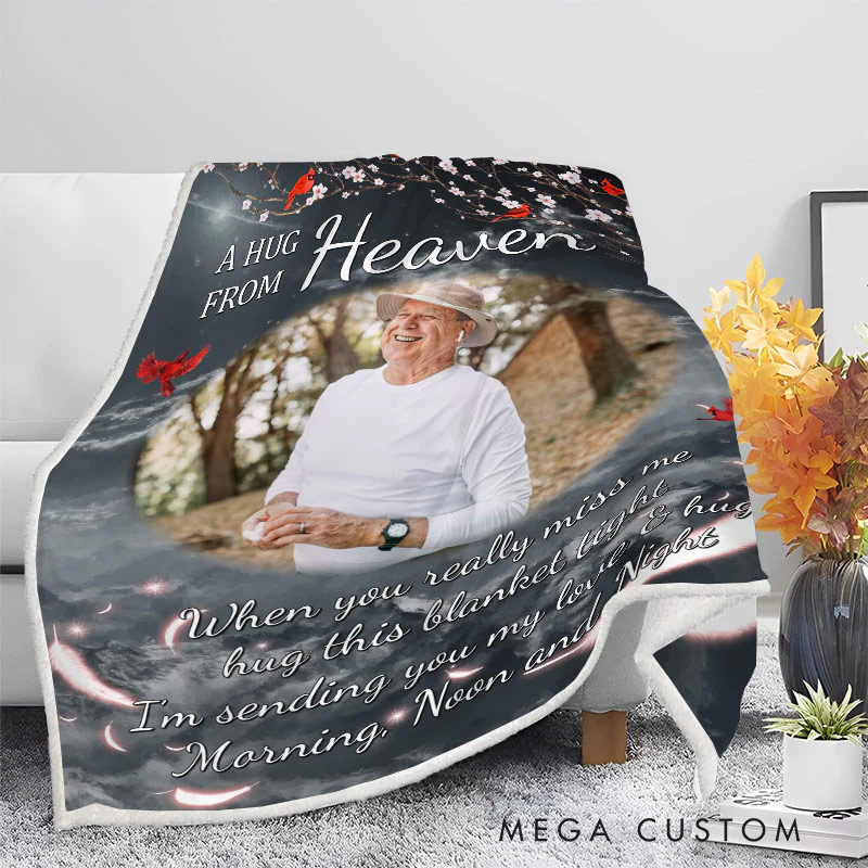Personalized A Hug From Heaven When You Miss Me Photo Blanket Custom Photo Memorial Throw Blanket Sympathy Gift for Loss of Loved One