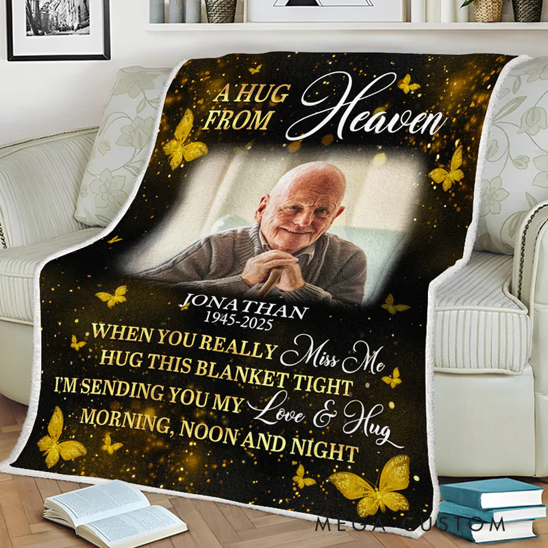 Personalized Golden Butterflies A Hug From Heaven Photo Blanket Custom Memorial Throw Blanket Sympathy Gift for Loss of Loved One