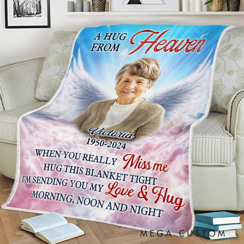 Personalized Angel Wings A Hug From Heaven Photo Blanket Custom Memorial Throw Blanket Sympathy Gift for Loss of Loved One
