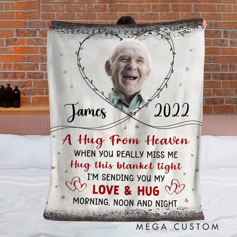 Personalized A Hug From Heaven Photo Blanket Christmas Gift Custom Memorial Throw Blanket Sympathy Gift for Loss of Loved One