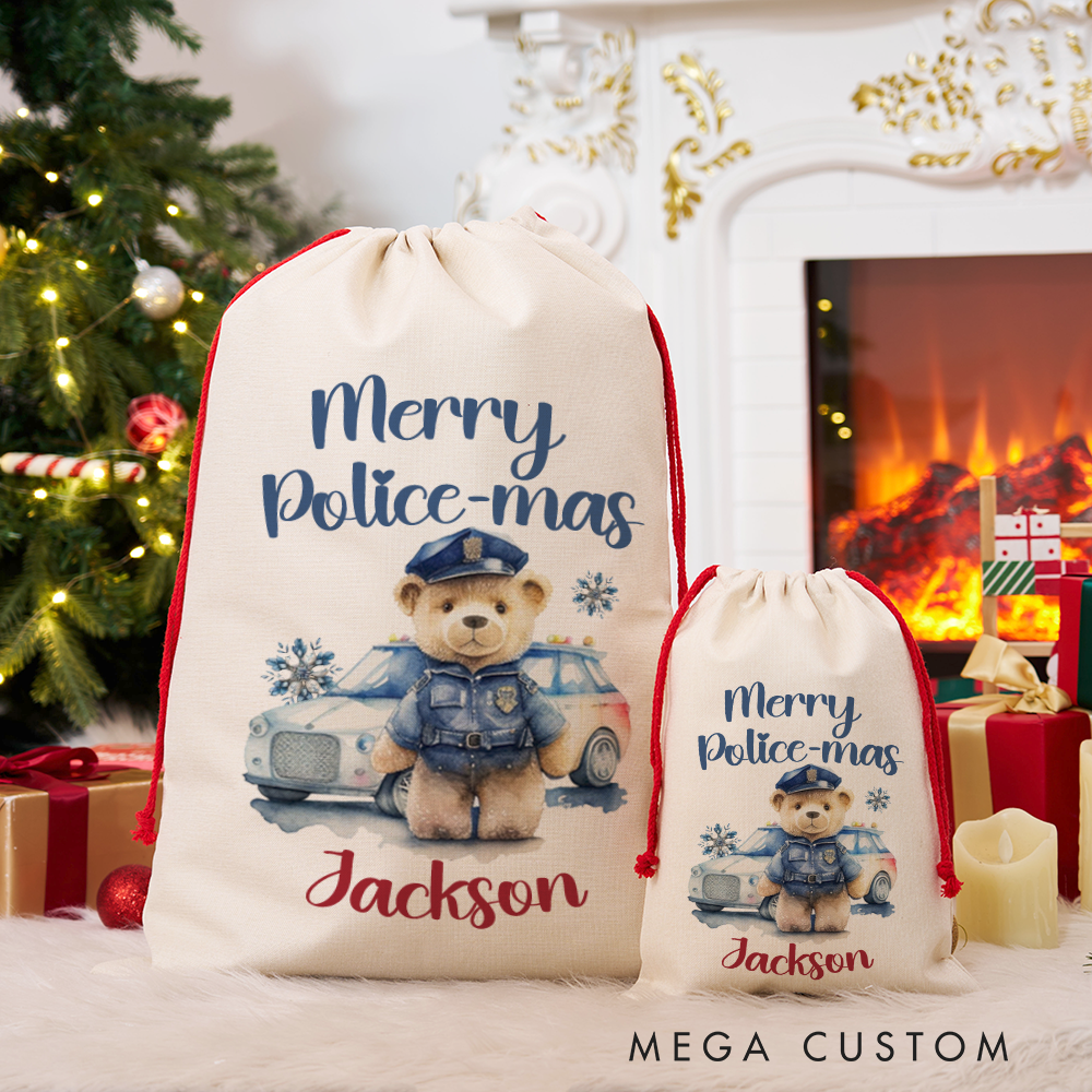 Personalized Police Christmas Gift Bag Custom Merry Police-mas Santa Sack for Kids and Law Enforcement Families