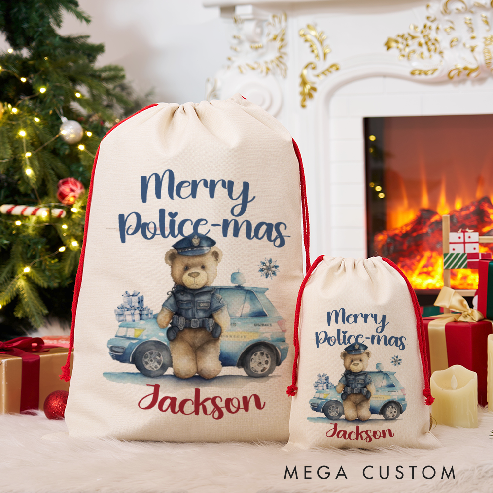 Personalized Police Christmas Gift Bags Set Custom Merry Police-mas Santa Sacks for Kids and Families