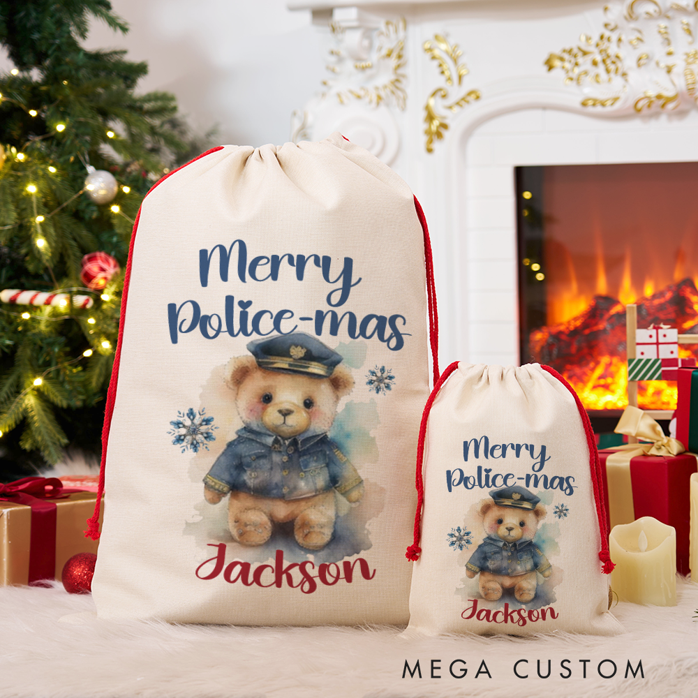 Personalized Merry Police-mas Gift Bag Custom Police Christmas Santa Sack for Kids and Families