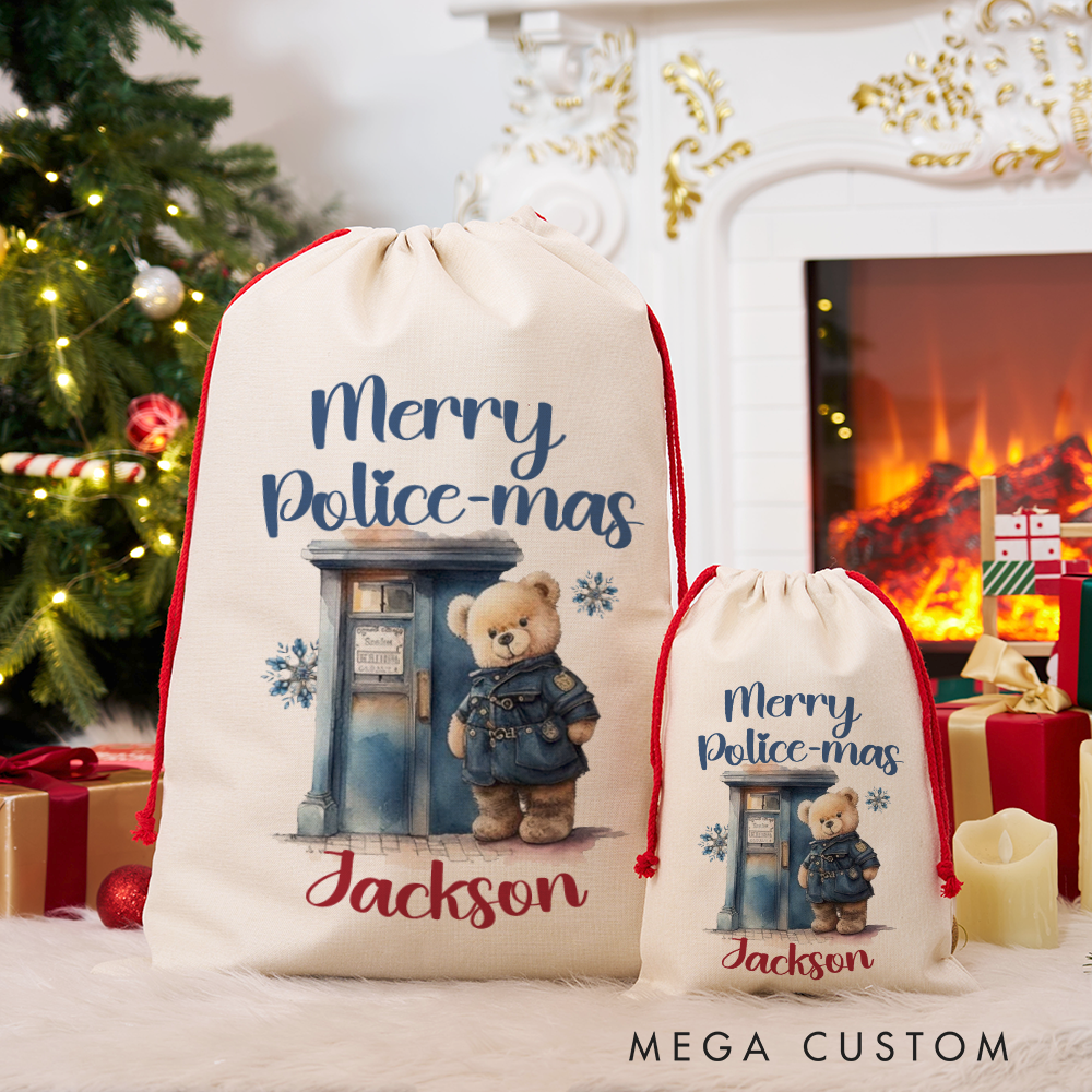Personalized Merry Police-mas Gift Bags Set Custom Police Christmas Santa Sacks with Teddy Bear Design Gift for Police