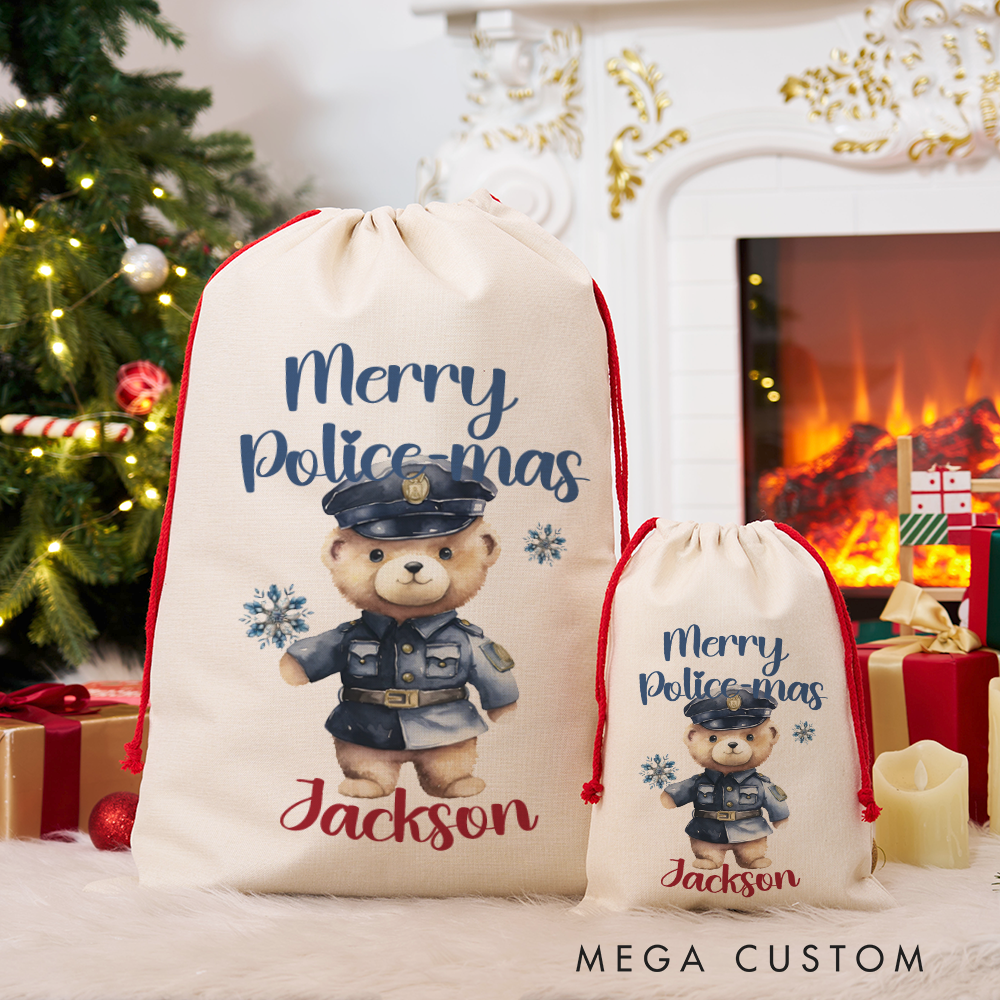 Personalized Merry Police-mas Gift Bag Custom Police Christmas Santa Sack with Officer Teddy Bear Design Gift for Police