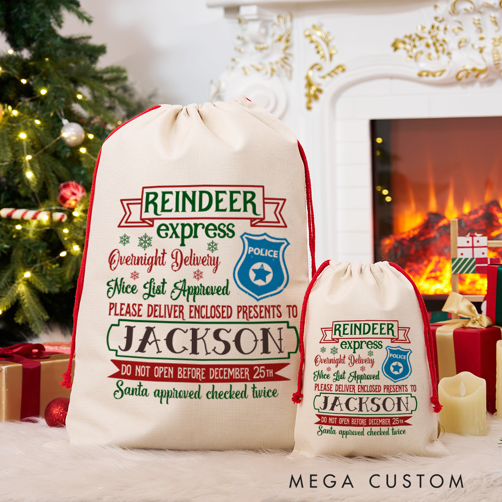 Personalized Reindeer Express Police Christmas Gift Bag Custom Santa Sack for Police Kids Families 