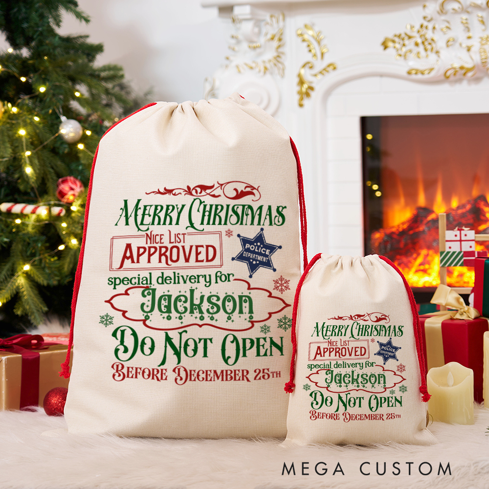 Personalized Merry Christmas Police Gift Bag Custom Santa Sack with Nice List Approval Design for Kids and Families