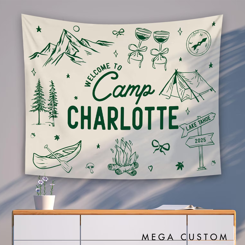 Personalized Camp Bachelorette Tapestry Custom Camp Bach Banner Lake Bach Camp Birthday Party Welcome Sign Outdoors Camping Bachelorette Gift