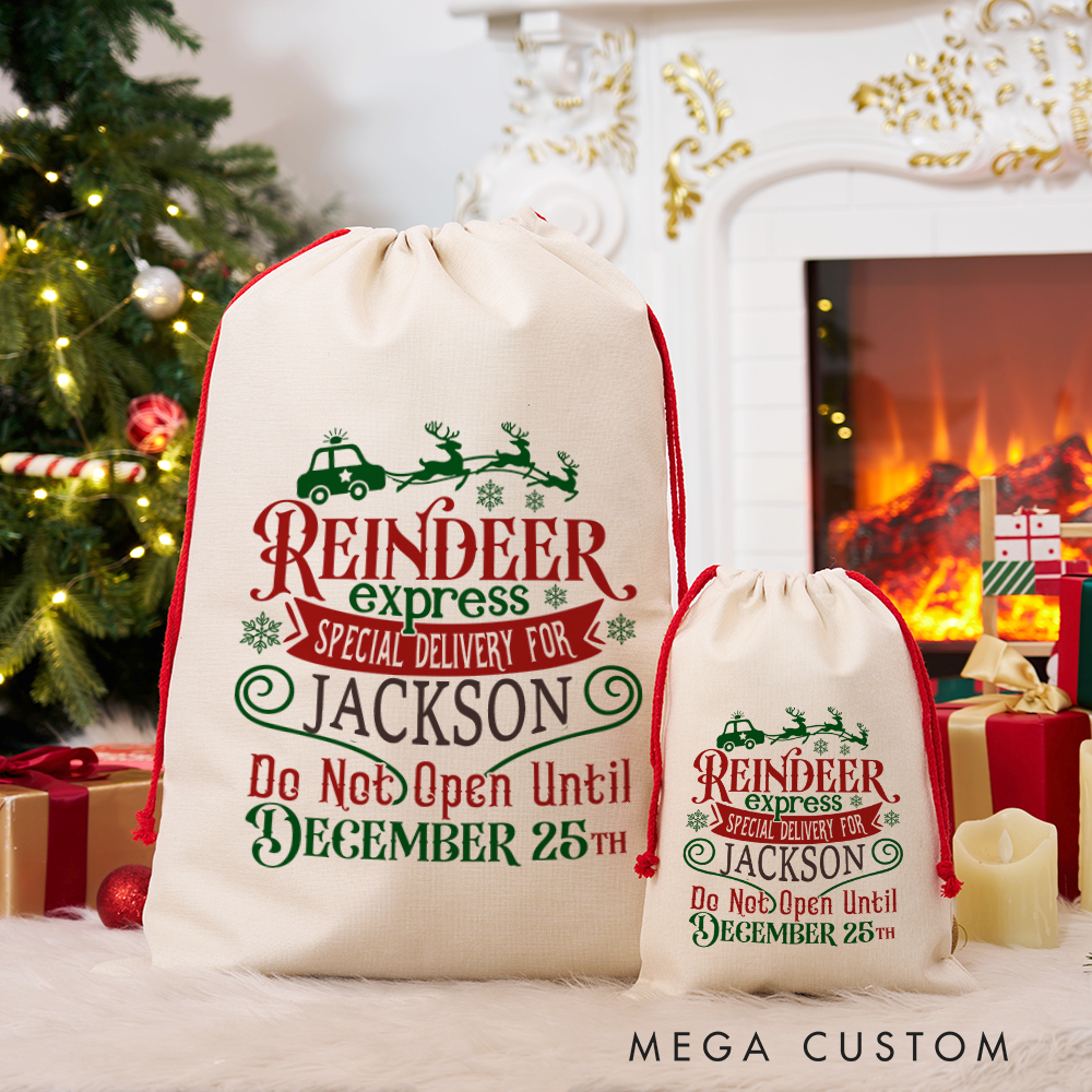 Personalized Reindeer Express Gift Bags Set Custom Christmas Santa Sacks for Police with Festive Design