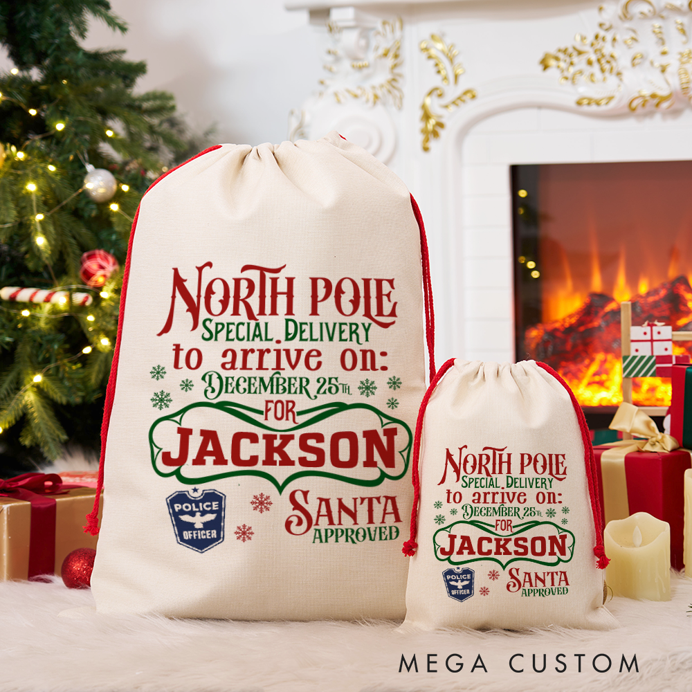 Personalized North Pole Santa Sack with Festive Christmas Design Perfect Holiday Gift for Police Officer