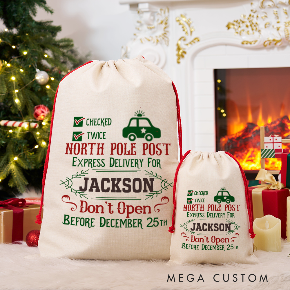 Personalized North Pole Post Sack with Festive Christmas Design Checked Twice Perfect Holiday Gift for Police Officer