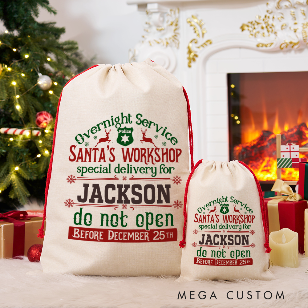 Personalized Santa's Workshop Sack with Festive Christmas Design Overnight Service Perfect Holiday Gift for Police Officer