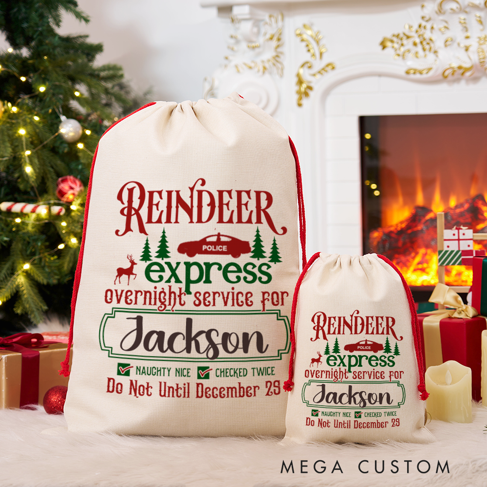 Personalized Reindeer Express Sack with Festive Christmas Design Checked Twice Perfect Holiday Gift for Police Officer