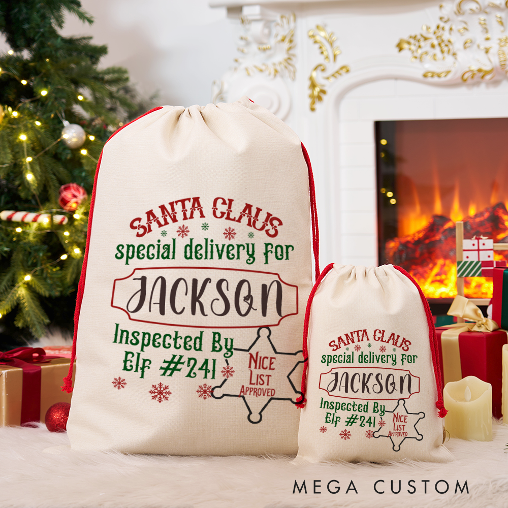 Personalized Santa Claus Sack with Festive Christmas Design Nice List Approved Inspected by Elf Perfect Holiday Gift for Police Officer