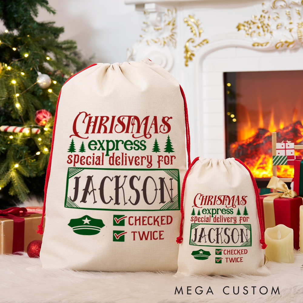 Personalized Christmas Express Sack with Festive Design Checked Twice Perfect Holiday Gift for Police Officer