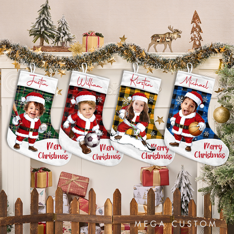 Personalized Plaid Christmas Stocking with Sporty Santa Photo and Name  