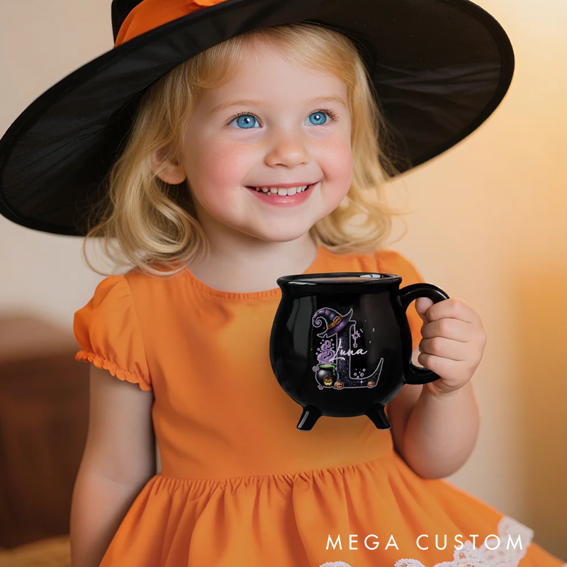 Personalized Magic Pot and Witch Hat Glitter Initial Black Cauldron Ceramic Coffee Mug with Name Trick or Treat Halloween Party Gift