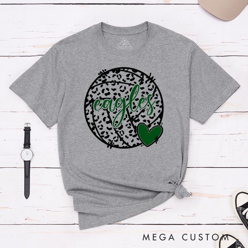 Personalized Volleyball Love and Leopard Print T-Shirts Featuring Your Team Name