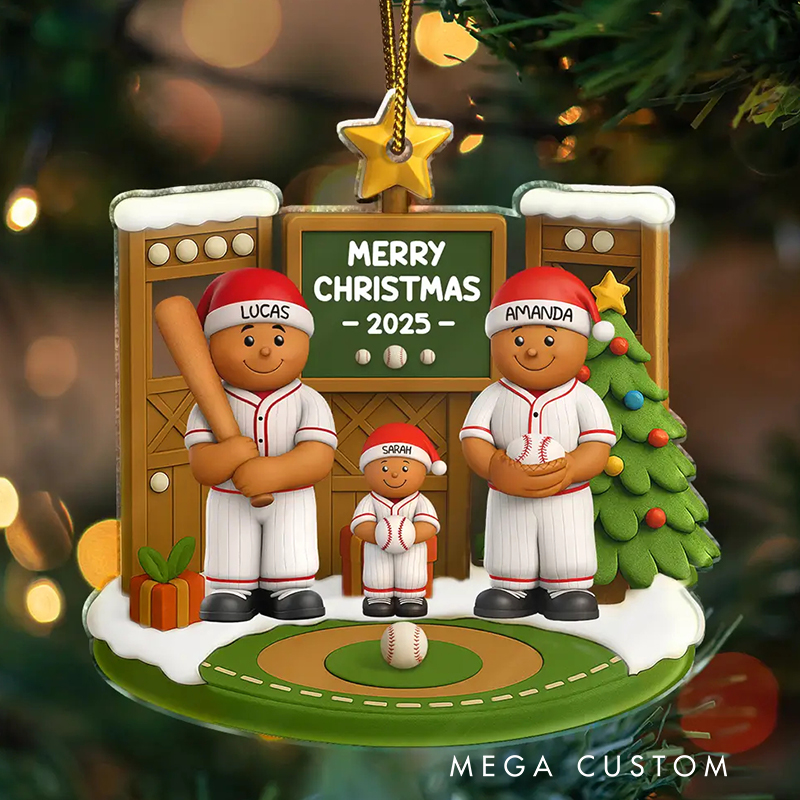 Personalized Acrylic 3D Christmas Ornament Baseball Gingerbread Family on the Field with Custom Family Details
