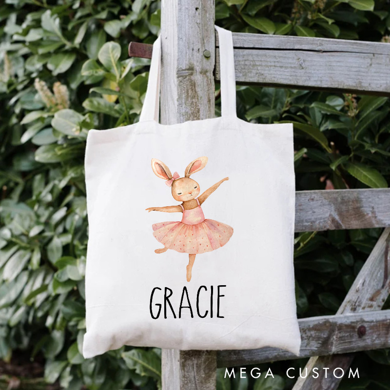Personalized Charming Bunny Ballerina Tote Bag Dance Bag Ballet Lover Tote with Name for Dance Lovers Dancer