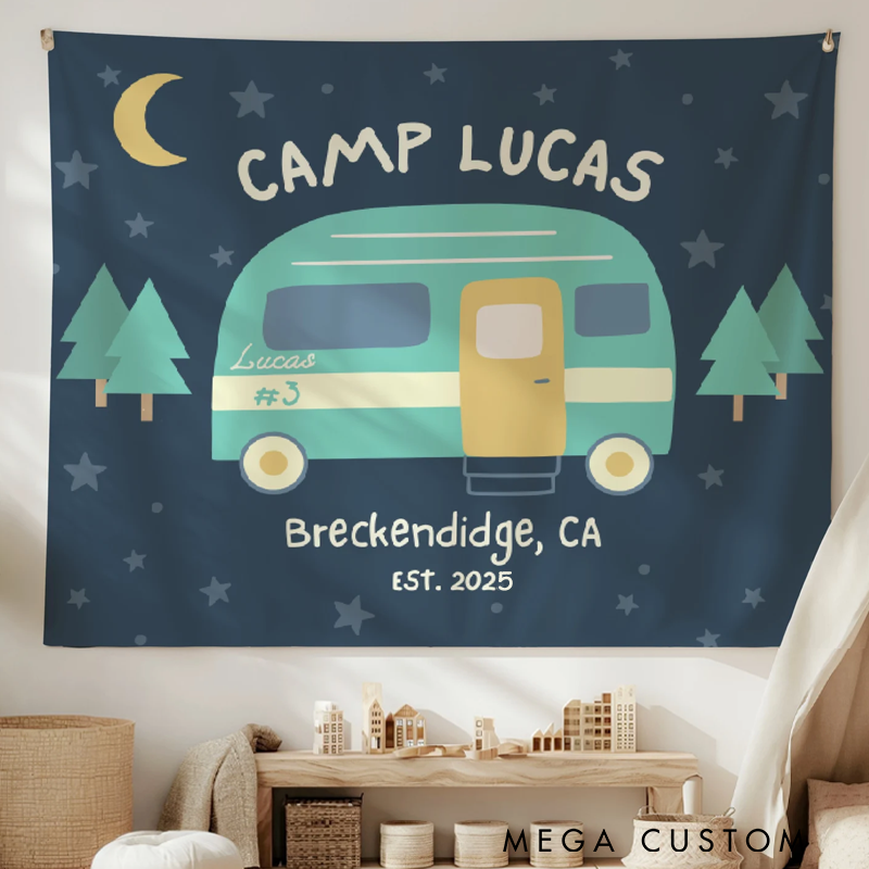 Personalized Camp Birthday Party Sign Tapestry One Happy Camper Banner Camp Themed Birthday Decor Custom Camp Tapestry Wild One Birthday Decorations