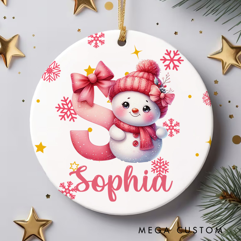 Personalized Cute Cartoon Santa Hat Snowman Initial Ceramic Christmas Ornament with Name Christmas Gift