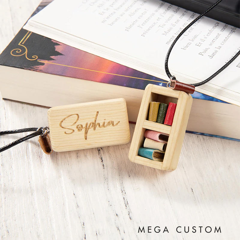 Personalized Handmade Miniature Bordeaux Bookshelf Necklace with Name Wooden Necklace with Name and Leather Books Gift for Bookworms Book Lovers Gift