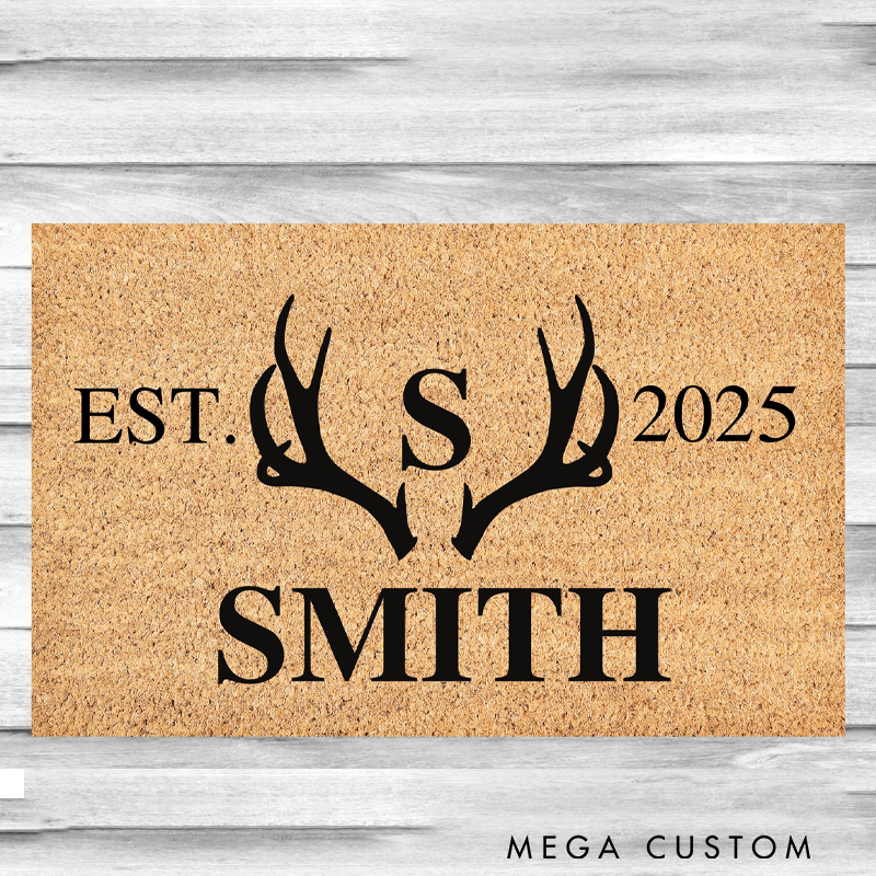 Personalized Name Doormat Antlers Deer Ranch Welcome Mat Rug Hunting Country Home Decor Custom Hunter Gift