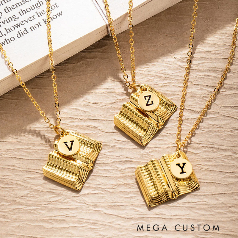 Personalized Book Charm Necklace with Engraved Letter Birthday Gift for Book Lovers Writer Gift