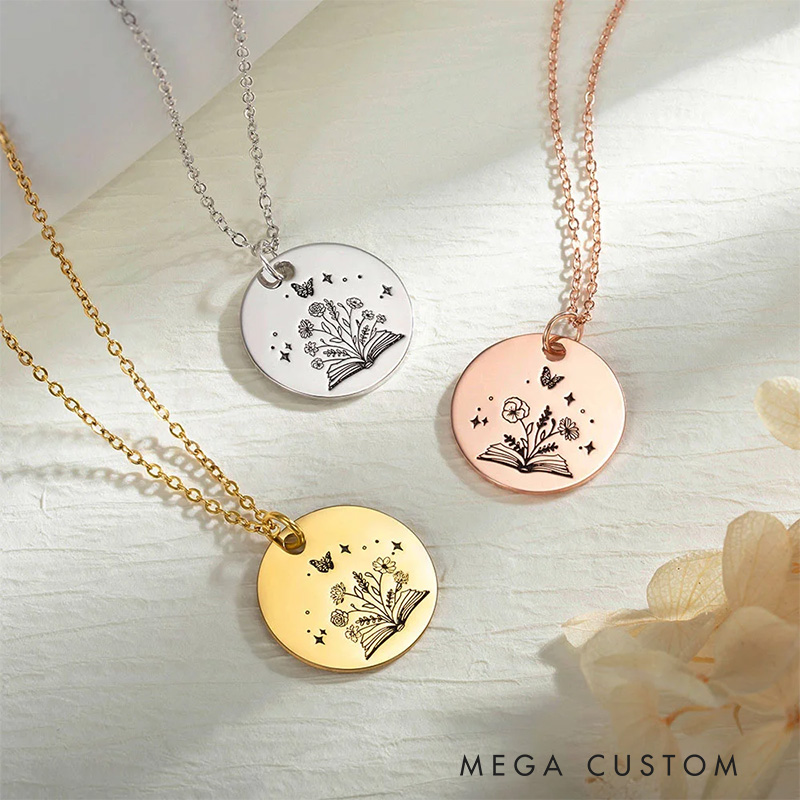 Personalized Open Book Birth Flower Bouquet Necklace Engraved Necklace with Name Text Birthday Gift for Book Lover Librarian Gift