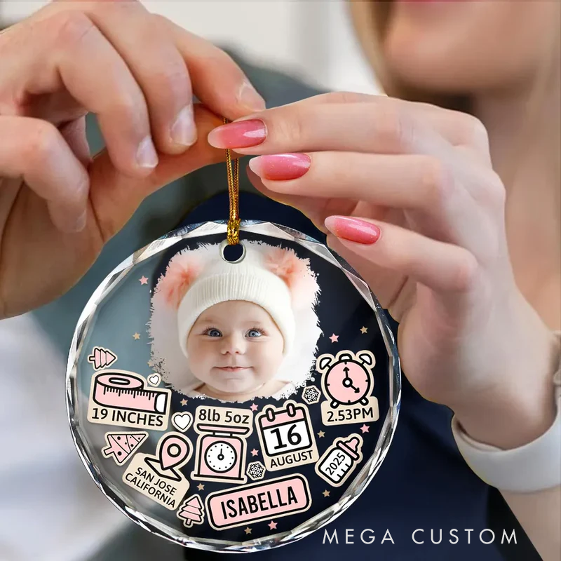 Personalized Photo Baby First Christmas Circle Glass Ornament