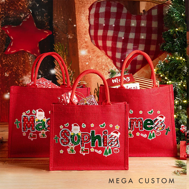 Personalized Cross Santa Claus Christmas Theme Alphabet Large Jute Tote Bag with Name Religious Christmas Festival Party Gift for Kids Family Friends