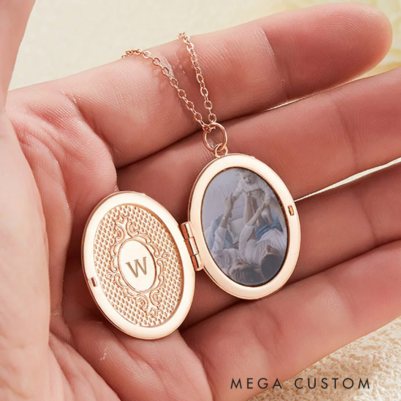 Personalized Engraved Birth Flower Locket Necklace with Photo and Initial Mother's Day Birthday Gift for Women Gardening Lovers